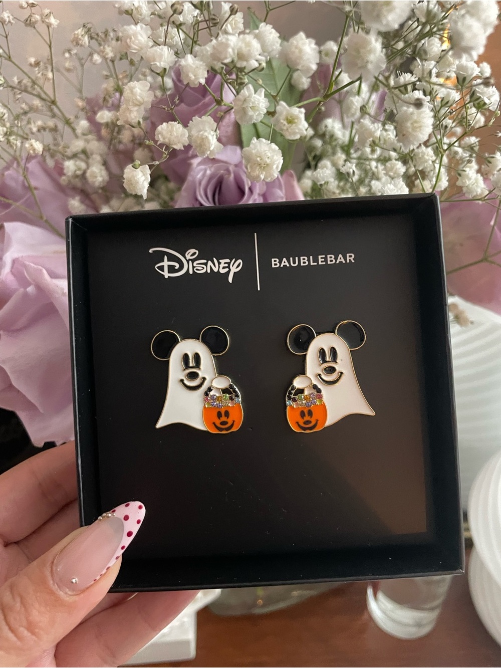 NEW IN BOX Disney x BaubleBar Mickey Ghost Halloween Enamel Stud Earrings
